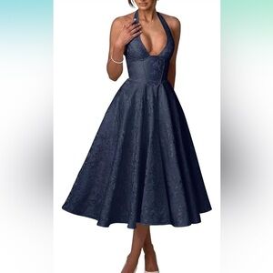 Elegant Blue A-Line Jacquard evening Gown Prom Dress